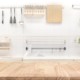 Close Up View of Kitchen Backsplash with Kitchen Tools on Wooden Island